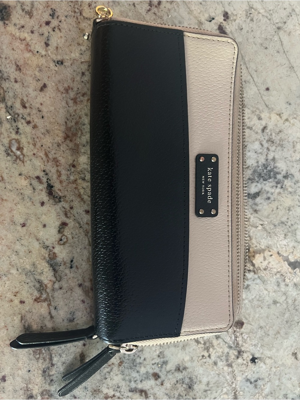 kate spade Black and Beige Continental Zip Wallet